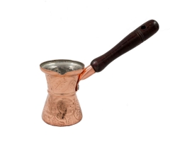 Greek coffee preparing pot 'briki', copper, carved, wooden handle.
